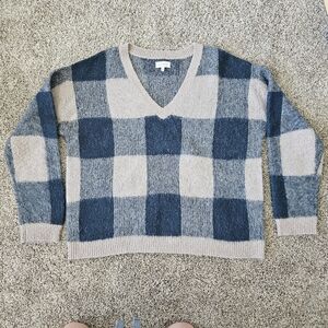 Lucky V-neck Sweater Women's SZ XL Check Tan Green Preppy Plaid Cabincore Comfy